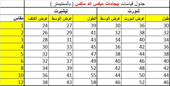 جدول قياسات بيجامات ميكس اند ماكس