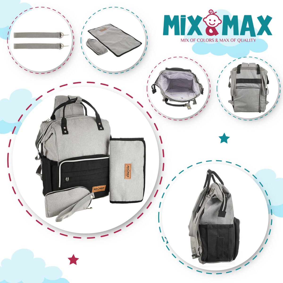 Premium Elegant Mum Large Diaper Backpack bag waterproof multifunction SET 4 in 1 - Mix and Max - Grey and Black - Image 2