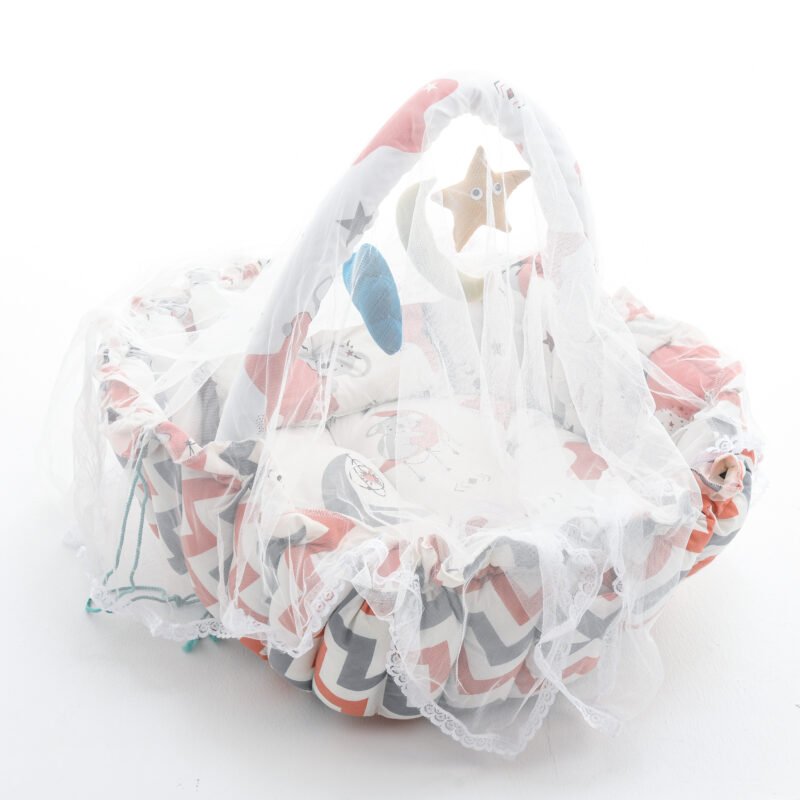 Baby Nest with Soft Toys and Mosquito Net – Comfortable Infant Sleeping Bed multi color Mix and Max