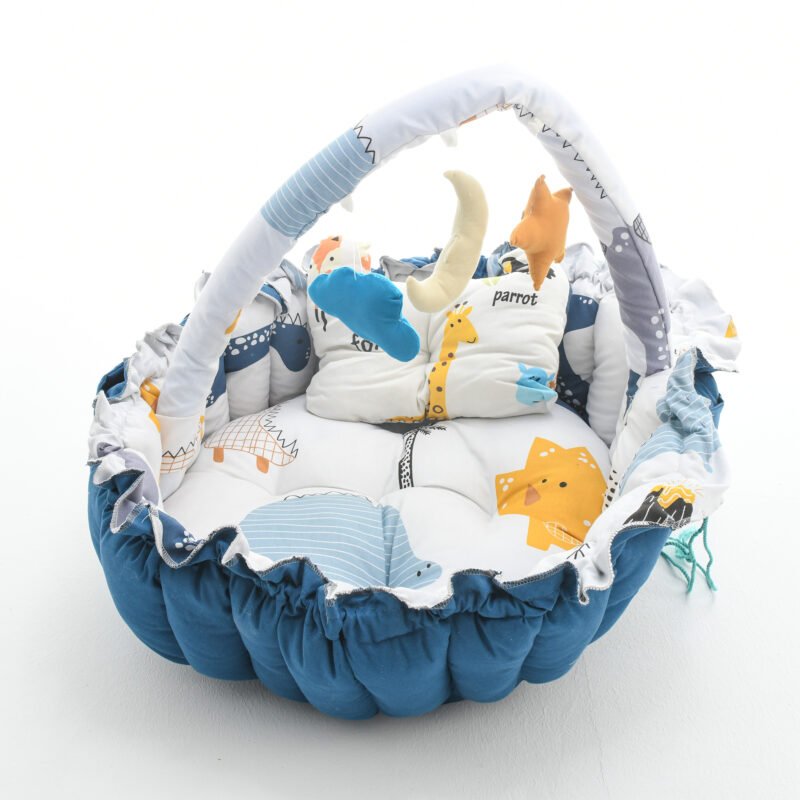 Baby Nest with Soft Toys and Mosquito Net – Comfortable Infant Sleeping Bed blue white color Mix and Max - Image 11