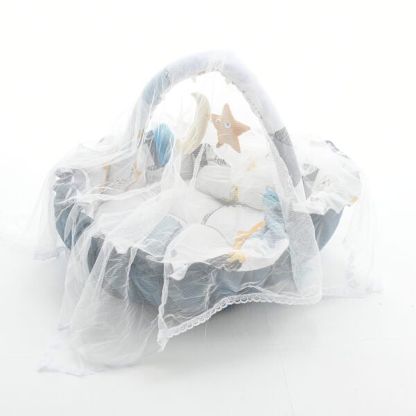 Baby Nest with Soft Toys and Mosquito Net – Comfortable Infant Sleeping Bed blue white color Mix and Max - Image 3