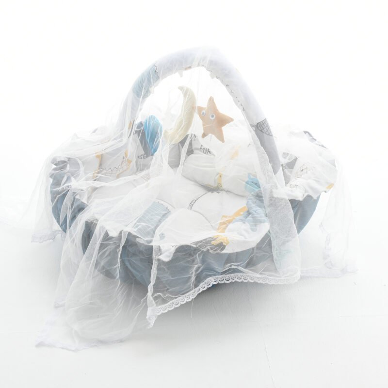 Baby Nest with Soft Toys and Mosquito Net – Comfortable Infant Sleeping Bed blue white color Mix and Max - Image 3