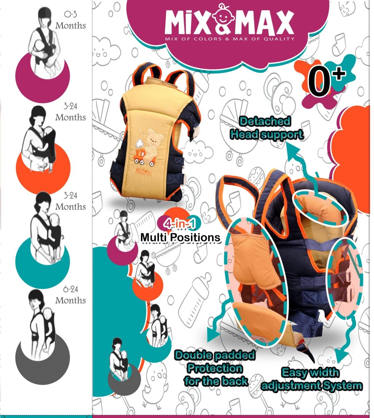 Baby multi position Carrier 4 in 1 (Pink# 311) - Mix & Max - Colors: Beige and Light Blue - Sizes: 0-24 M - Image 5