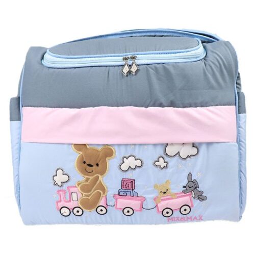 Mix and Max Baby Changing Diaper Large Shoulder bag with embroidery ( Bear on Train Light Blue ) - Size 43*33*18 cm - Image 4