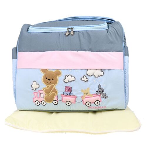 Mix and Max Baby Changing Diaper Large Shoulder bag with embroidery ( Bear on Train Light Blue ) - Size 43*33*18 cm - Image 2