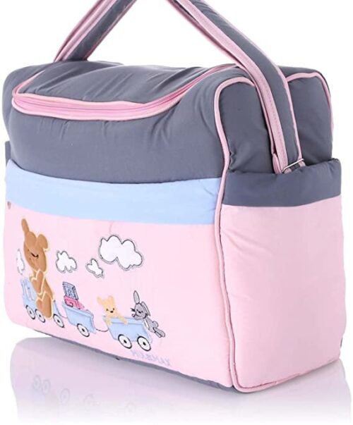 Mix and Max Baby Changing Diaper Large Shoulder bag with embroidery ( Bear on Train Pink ) - Size 43*33*18 cm - Image 2