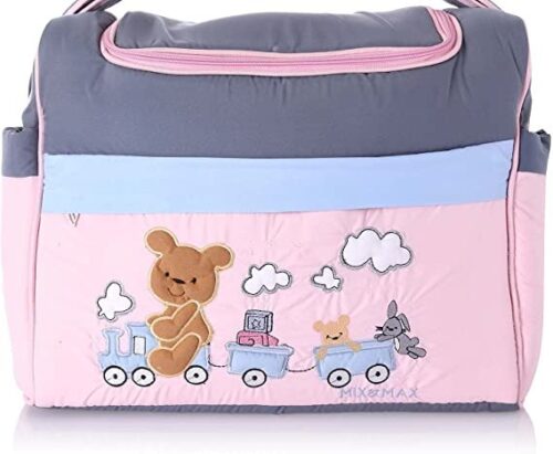 Mix and Max Baby Changing Diaper Large Shoulder bag with embroidery ( Bear on Train Pink ) - Size 43*33*18 cm - Image 5