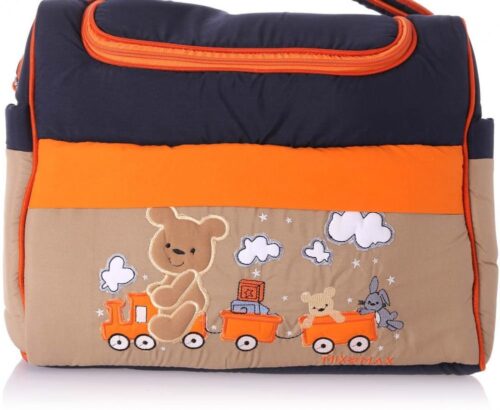 Mix and Max Baby Changing Diaper Large Shoulder bag with embroidery ( Bear on Train Navy Blue Orange ) - Size 43*33*18 cm - Image 4