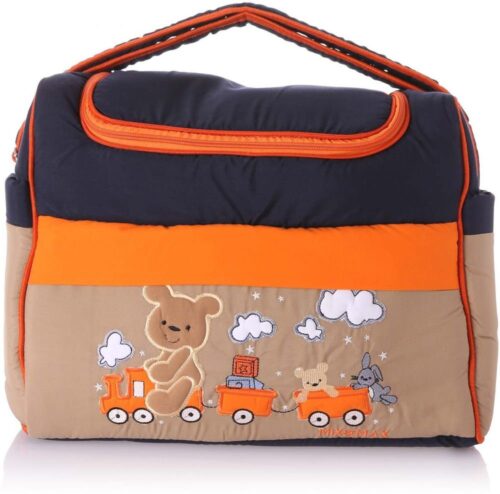 Mix and Max Baby Changing Diaper Large Shoulder bag with embroidery ( Bear on Train Navy Blue Orange ) - Size 43*33*18 cm - Image 2