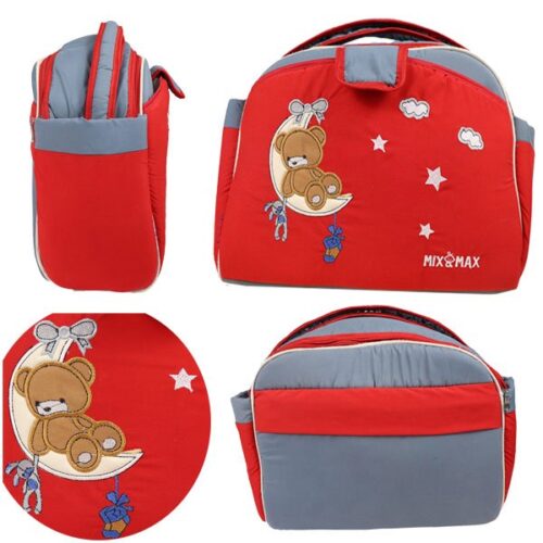 Mix and Max Baby Changing Diaper Large Shoulder bag with embroidery ( Bear on Moon Red ) - Size 43*33*18 cm - Image 7