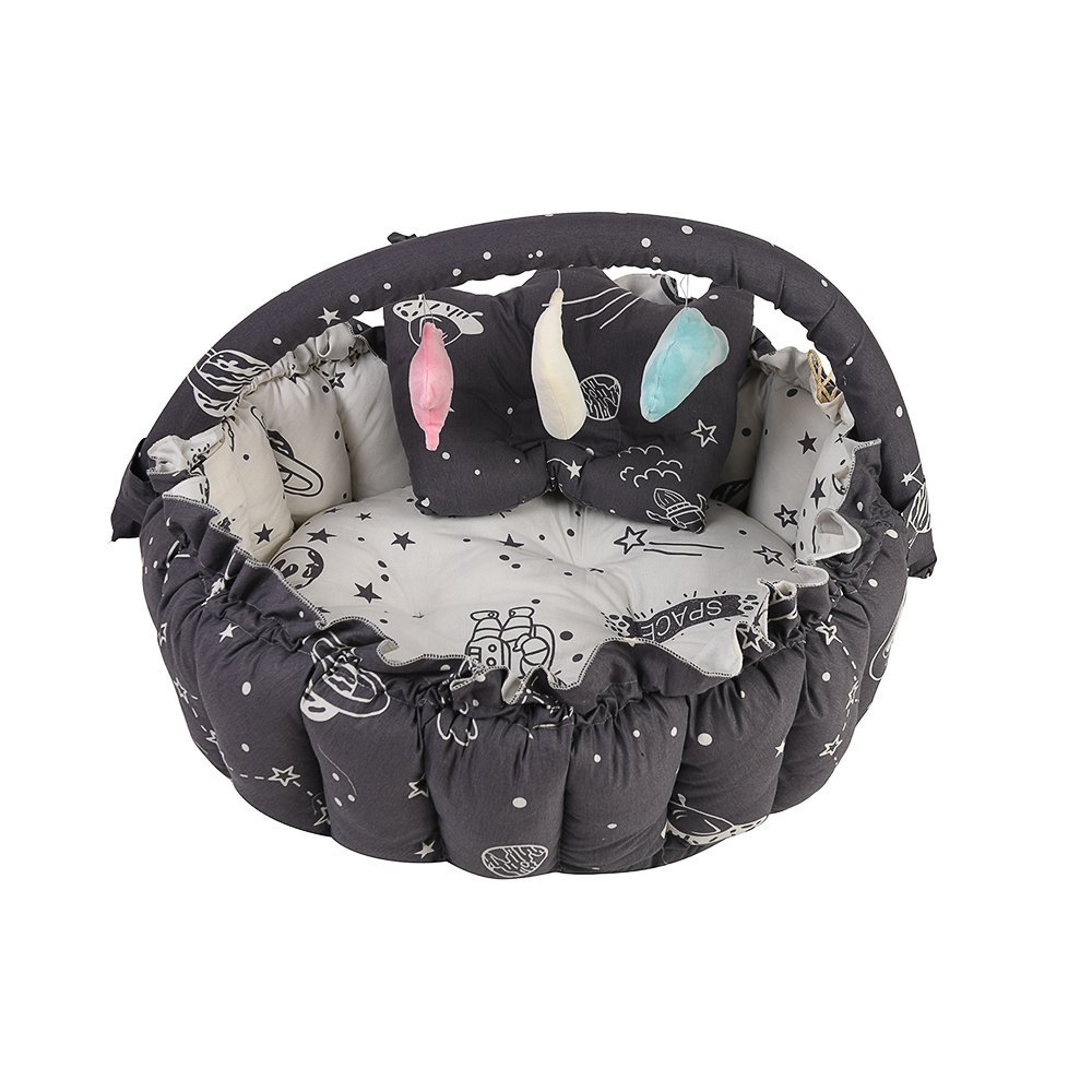 Baby Nest with Soft Toys and Mosquito Net – Comfortable Infant Sleeping Bed white grey color Mix and Max