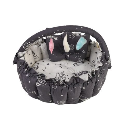 Baby Nest with Soft Toys and Mosquito Net – Comfortable Infant Sleeping Bed white grey color Mix and Max - Image 2