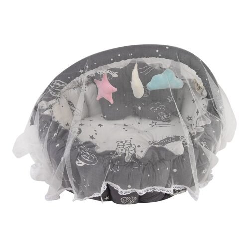 Baby Nest with Soft Toys and Mosquito Net – Comfortable Infant Sleeping Bed white grey color Mix and Max - Image 4