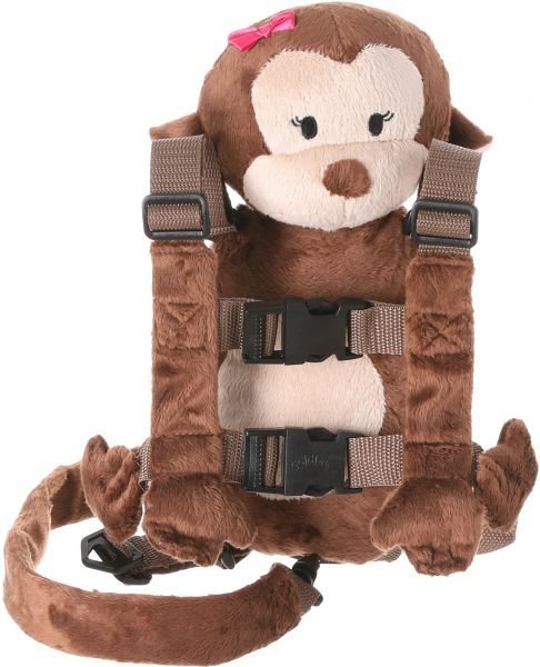 2-in-1 Child Safety Harness deluxe Animal Shape backpack Cotton 100% - Brown Girly Monkey - Mix and Max - Colors: Beige, Fuchsia, and Light Blue - Sizes: 0-24 M