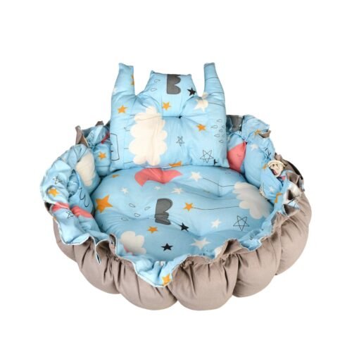 Baby Nest with Soft Toys and Mosquito Net – Comfortable Infant Sleeping Bed Light blue Mix and Max - Image 2