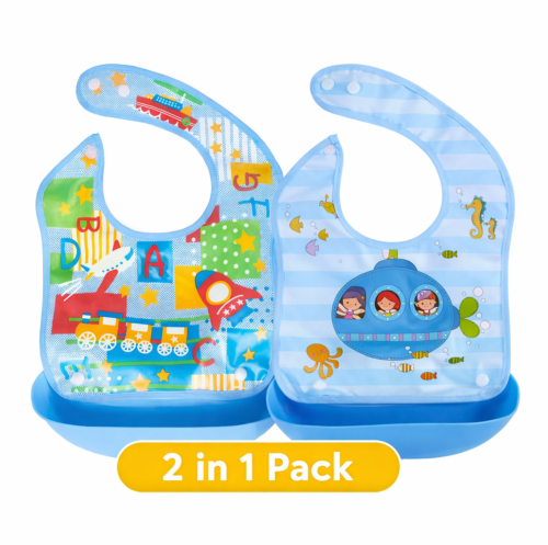Pack of 2 -Waterproof Baby Bib with Food Catcher – Silicone Baby Feeding Bib, Adjustable Toddler Bib with Pocket, Spill Proof Baby Bib for Eating, Easy Clean & BPA-Free - Image 2