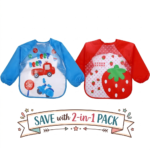 Pack of 2 Waterproof Baby Bib Long Sleeve, Full Coverage Toddler Smock Bib for Feeding, Painting & Weaning, Lightweight Easy Clean Baby Apron (6–36 Months) – Cute Printed Designs