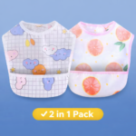 Pack of 2 Waterproof Baby Bibs with Food Catcher Pocket, Lightweight Soft Feeding Bib Set for Toddlers, Easy Wipe & Wash, Adjustable Neck, Mess-Proof Baby Feeding Apron (Cute Prints)