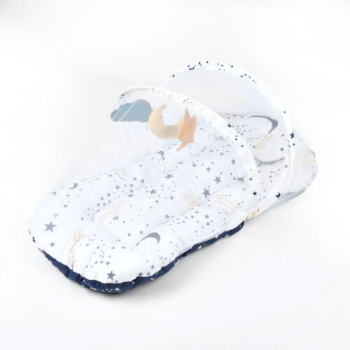 Baby Lounger with Mosquito Net | Portable Travel Bed and Sleep Nest for Newborns Mix & Max™ White Blue stars - Image 3