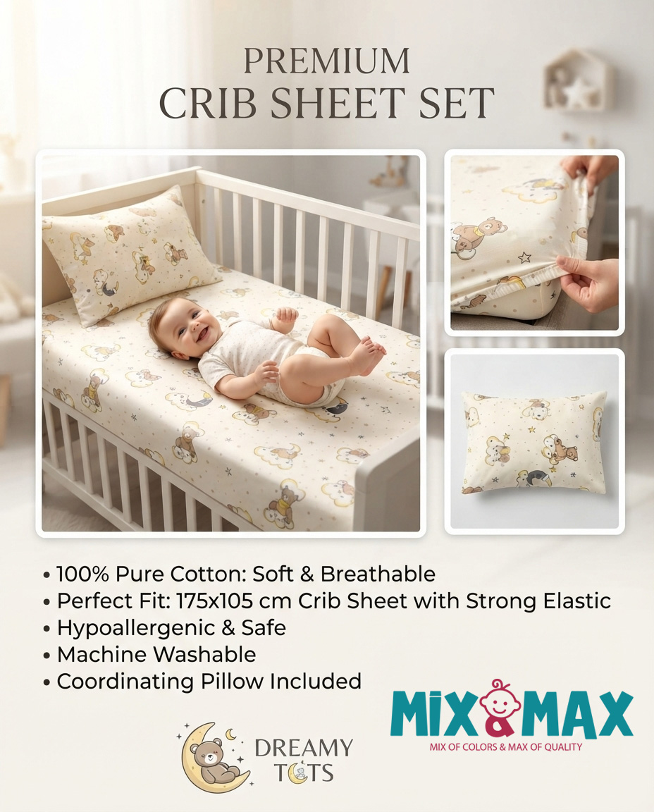 bed sheet 01- Baby Cotton Bed Sheet Set 105x175 cm with Small Pillow – Soft Breathable Cotton Toddler Bedding, Fitted Crib Sheet for Kids Bed, Hypoallergenic; Skin-Friendly Baby Bedding Set Mix and Max - Dreamy - Image 1
