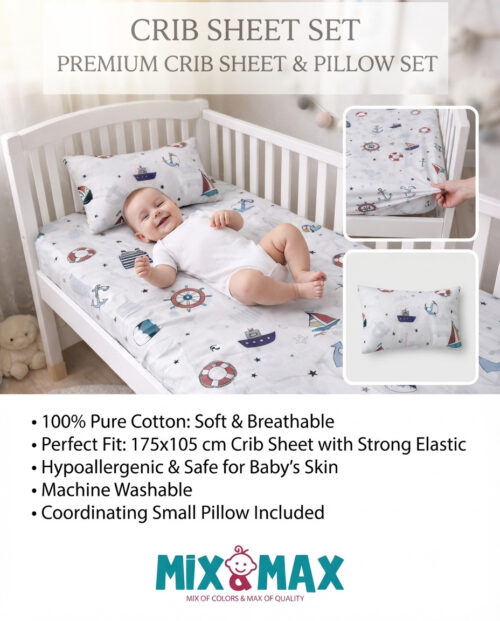 Baby Cotton Bed Sheet Set 105x175 cm with Small Pillow – Soft Breathable Cotton Toddler Bedding, Fitted Crib Sheet for Kids Bed, Hypoallergenic; Skin-Friendly Baby Bedding Set Mix and Max - Sail - Image 4