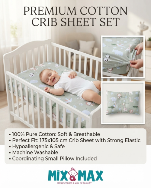 Baby Cotton Bed Sheet Set 105x175 cm with Small Pillow – Soft Breathable Cotton Toddler Bedding, Fitted Crib Sheet for Kids Bed, Hypoallergenic; Skin-Friendly Baby Bedding Set Mix and Max - Animals - Image 4