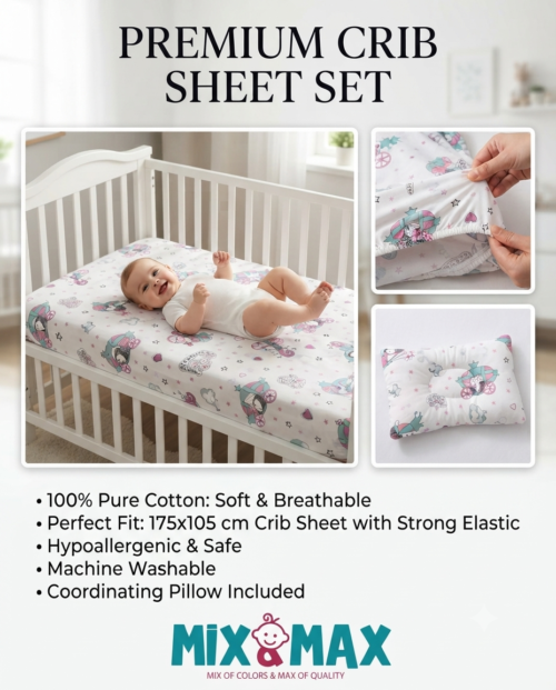 Baby Cotton Bed Sheet Set 105x175 cm with Small Pillow – Soft Breathable Cotton Toddler Bedding, Fitted Crib Sheet for Kids Bed, Hypoallergenic; Skin-Friendly Baby Bedding Set Mix and Max - Girly - Image 3