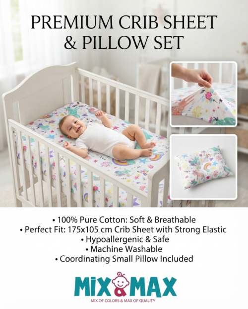 Baby Cotton Bed Sheet Set 105x175 cm with Small Pillow – Soft Breathable Cotton Toddler Bedding, Fitted Crib Sheet for Kids Bed, Hypoallergenic; Skin-Friendly Baby Bedding Set Mix and Max - Dream Girl - Image 4