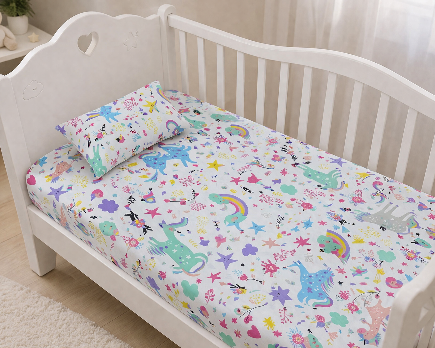 file_00000000573c71f88c904adfd2a25a80 Baby Cotton Bed Sheet Set 105x175 cm with Small Pillow – Soft Breathable Cotton Toddler Bedding, Fitted Crib Sheet for Kids Bed, Hypoallergenic; Skin-Friendly Baby Bedding Set Mix and Max - Dream Girl - Image 1
