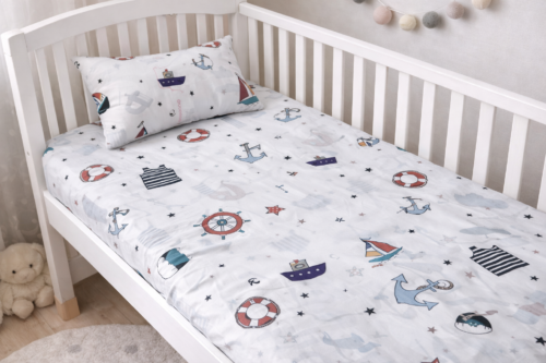 Baby Cotton Bed Sheet Set 105x175 cm with Small Pillow – Soft Breathable Cotton Toddler Bedding, Fitted Crib Sheet for Kids Bed, Hypoallergenic; Skin-Friendly Baby Bedding Set Mix and Max - Sail - Image 5